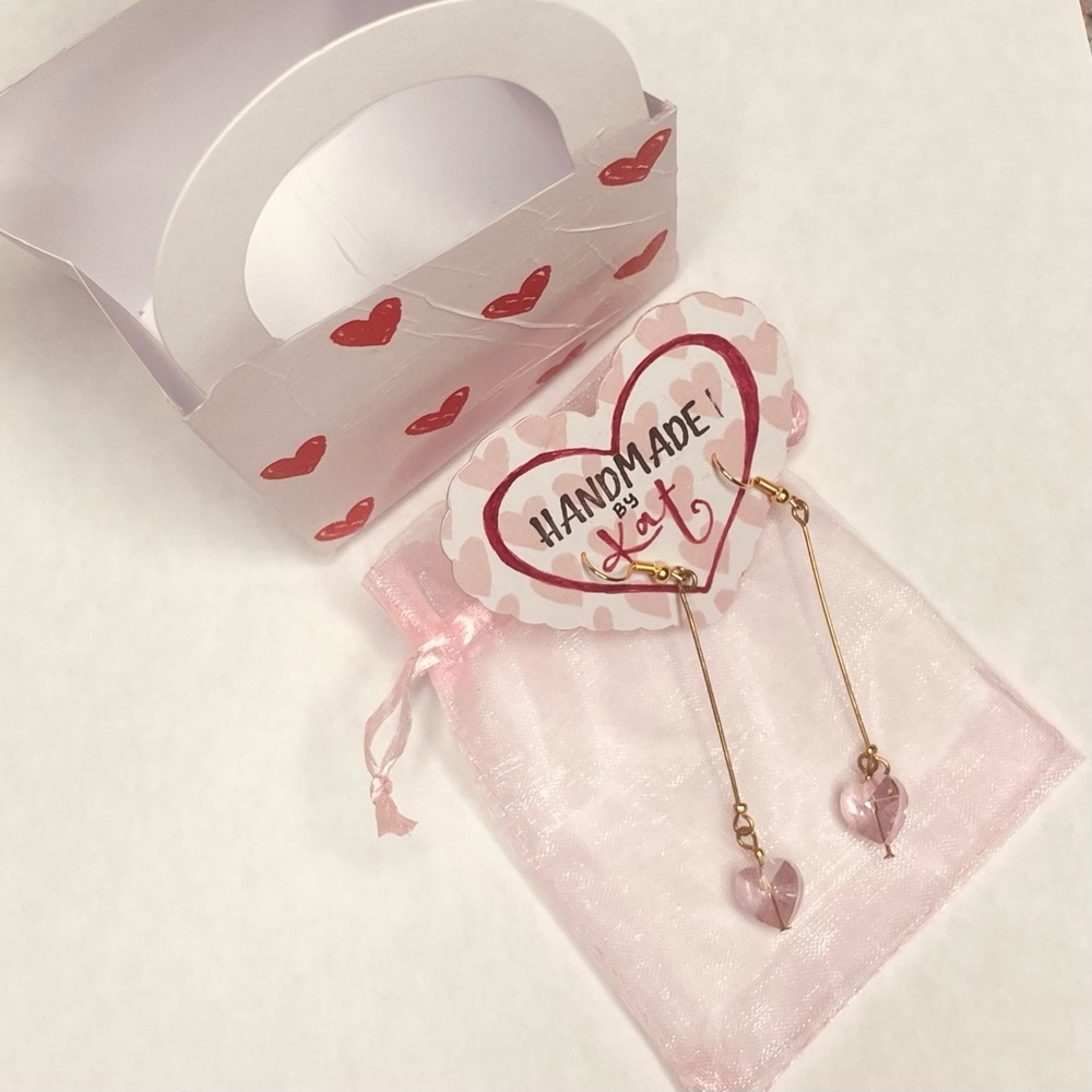 New Handcrafted Dangle Drop Pink Clear Single Heart Earrings